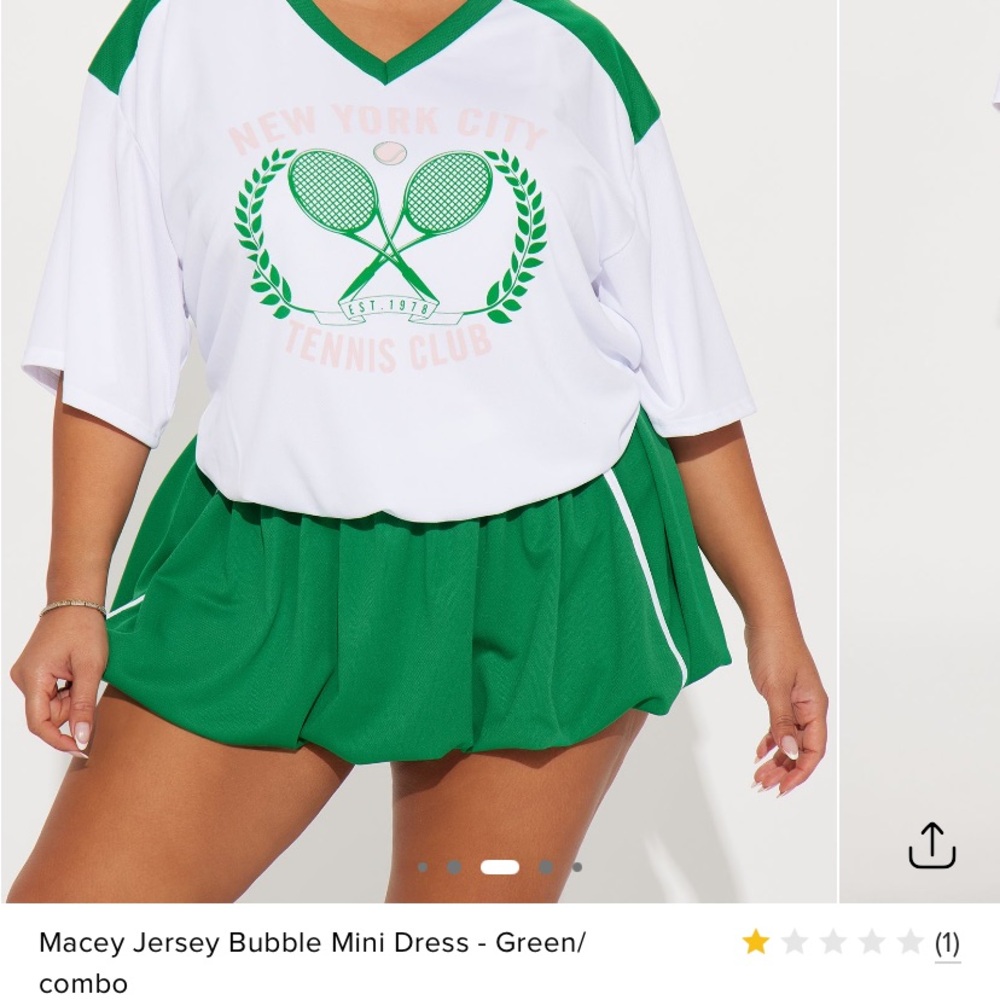 Green and White Pleated Mini Dress with V-neck and Short Raglan Sleeves